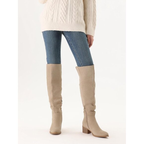 Women's Khaki Suede Over The Knee Thigh High Chunky Block Heel Pointed Toe Boots - Picture 3 of 6